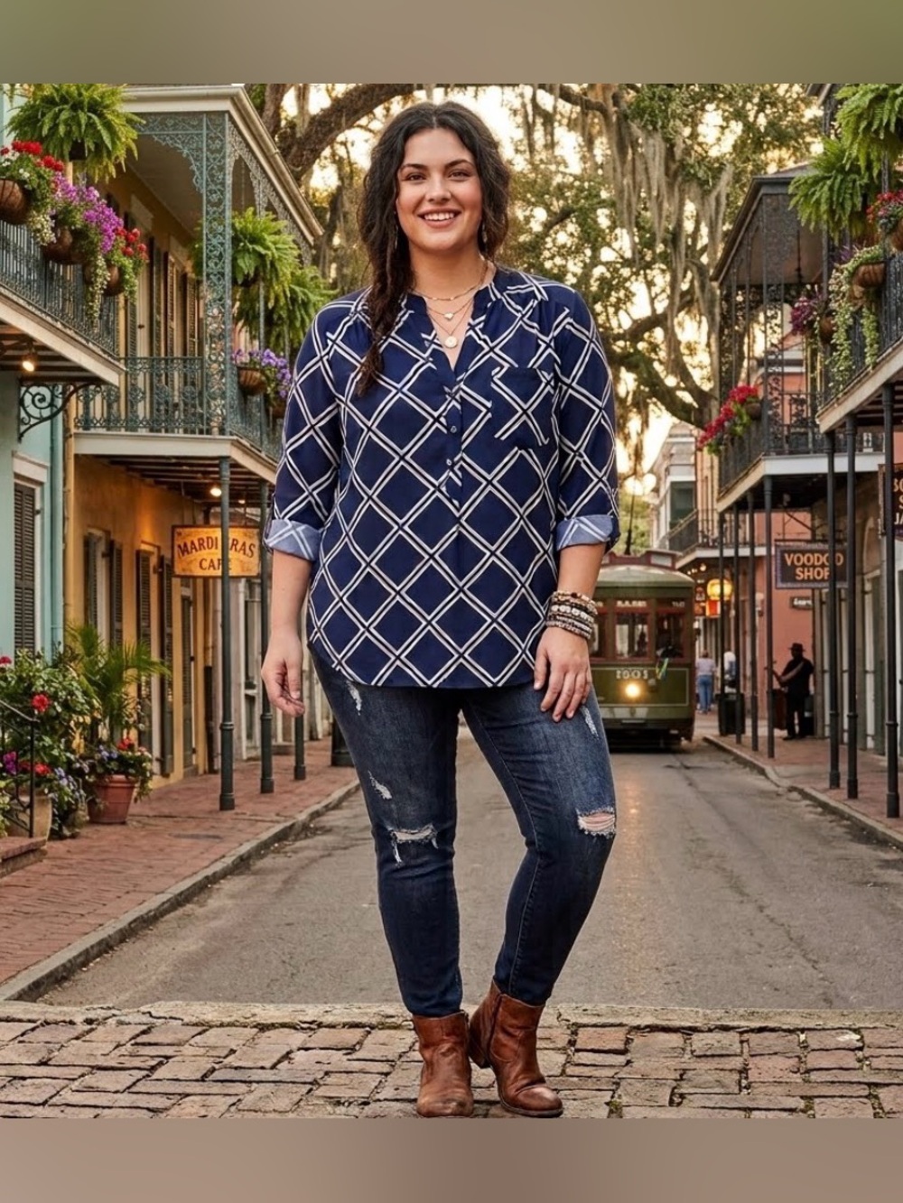 Fun 2 Fun Navy and White Sheer Grid Button-Down Tunic Blouse